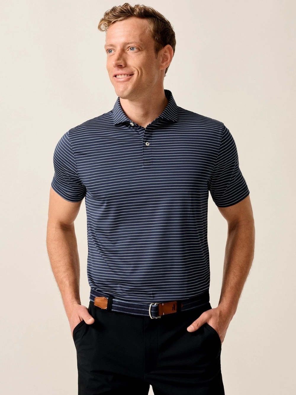 New Johnnie-O Performance Beau Navy and White Striped Short Sleeve Polo Shirt XL